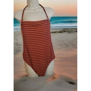 Kona Sol Sz L Textured Square Neck Swimsuit Med Coverage One Piece Rust/Blk‎